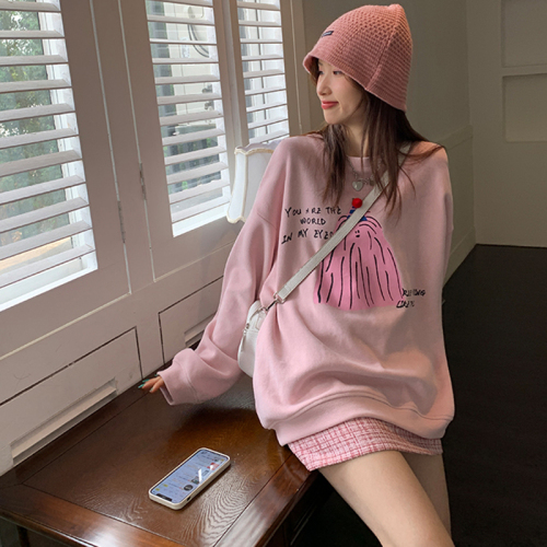 Fish scale Korean version loose cartoon printing round neck pullover sweater women's spring and autumn new all-match lazy wind long-sleeved top