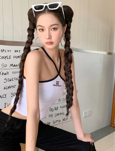 Real shot 2023 summer new style sexy hot girls niche hit color tie letter hanging neck camisole female trendy brand
