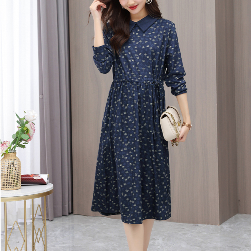 Real shot plus size dress women  new high-end temperament elegant age-reducing printing high-end thin and meat-covering long skirt
