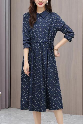 Real shot plus size dress women  new high-end temperament elegant age-reducing printing high-end thin and meat-covering long skirt