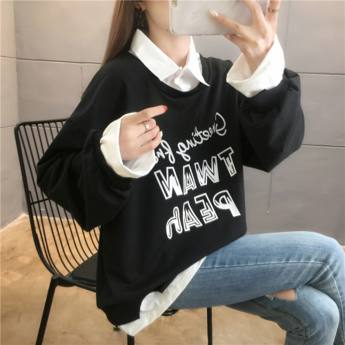 Spring real shot casual loose long-sleeved plus size women's thin top fake two-piece sweater