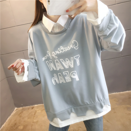 Spring real shot casual loose long-sleeved plus size women's thin top fake two-piece sweater