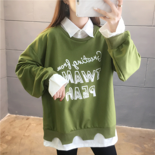 Spring real shot casual loose long-sleeved plus size women's thin top fake two-piece sweater