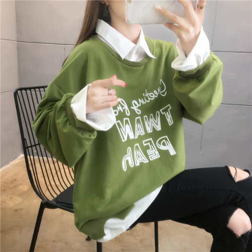 Spring real shot casual loose long-sleeved plus size women's thin top fake two-piece sweater