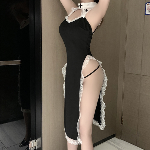 Real shot unabated pure desire sexy change decoration female uniform high slit lace nightdress hollow backless skirt
