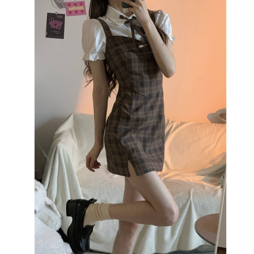 Summer Puff Sleeve Fake Two-piece Polo Collar Plaid Dress Female Korean College Style Student Waist Short Skirt