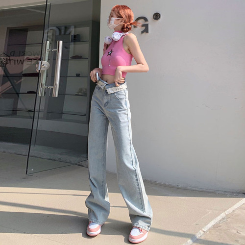 Real shot  spring new wide-leg jeans women's high waist fashion straight loose wide-leg mopping pants