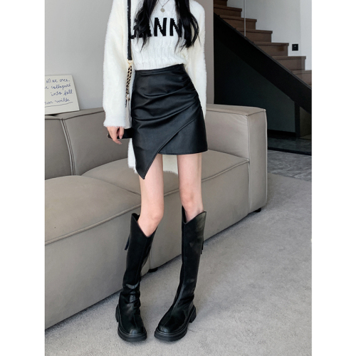 Real shot  spring irregular design leather skirt skirt female pu bag hip high waist short skirt