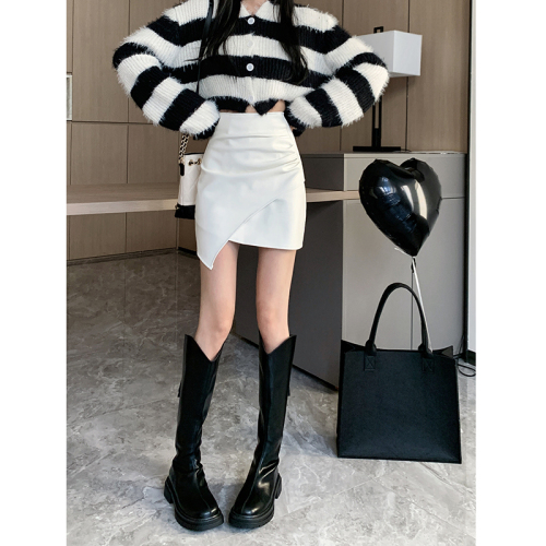 Real shot  spring irregular design leather skirt skirt female pu bag hip high waist short skirt