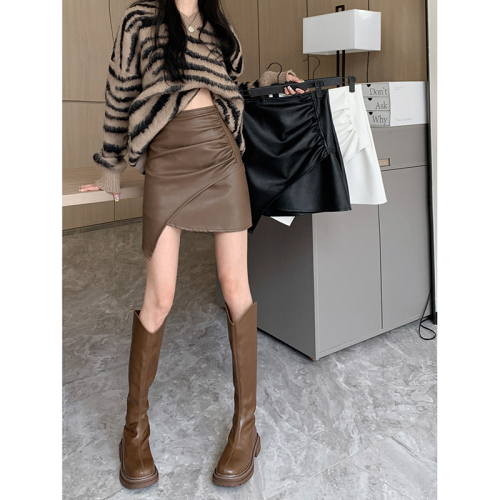 Real shot  spring irregular design leather skirt skirt female pu bag hip high waist short skirt