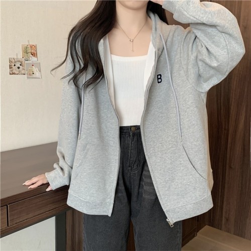 Real shot Spring new Korean style hooded cardigan zipper sweater jacket women