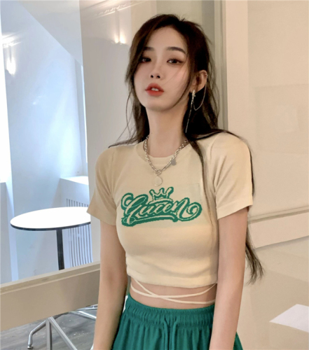 Real price real shot~~2023 spring short-sleeved t-shirt short straps slim fit and thin knitted round neck top