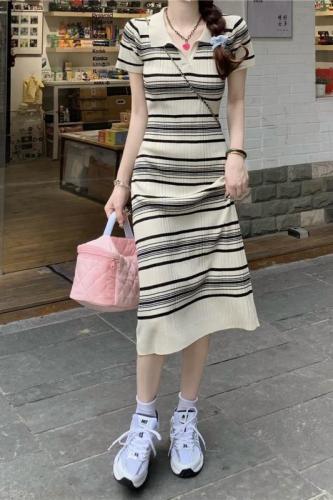 Real price shot~~2023 spring Korean striped polo collar knitted dress feminine skirt