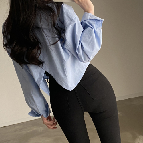South Korea ins early spring rear slit carefully machine short long sleeve shirt