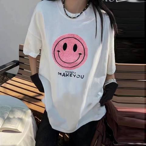 Pure cotton 2023 single product danpin pink smiling face loose mid-length printed short-sleeved T-shirt 030