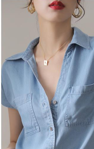 Denim shirt female design sense niche  summer new short-sleeved casual loose soft retro temperament top