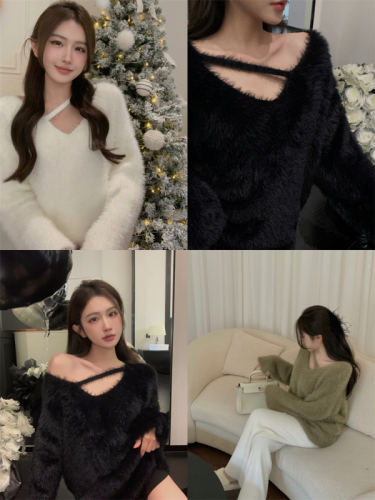 Real price real price soft waxy waterproof mink hair milk Huhu pullover sweater loose careful machine V-neck sweater women