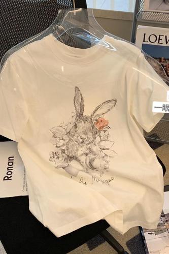Official picture net price 200g back bag spring and summer pure cotton rabbit print short-sleeved T-shirt women