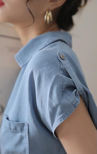 Denim shirt female design sense niche  summer new short-sleeved casual loose soft retro temperament top