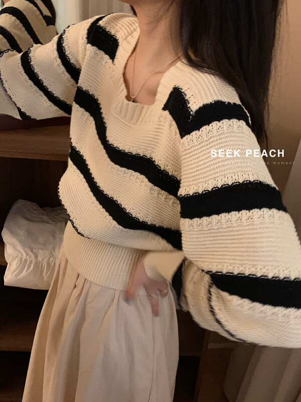 2023 spring new style! [SEEK PEACH] square neck striped slim and comfortable sweater 11887# L