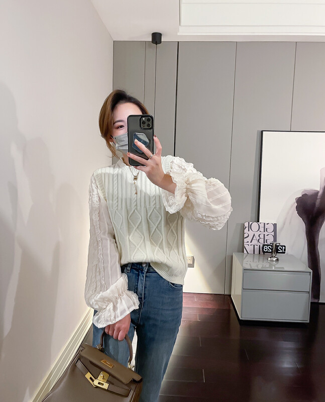【AM GARDENIA】Round neck twist knit stitching lace sweater 7310# ZXX