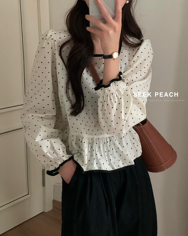 2023 spring new style! [SEEK PEACH] square neck polka dot comfortable and versatile pullover blouse 5952# L