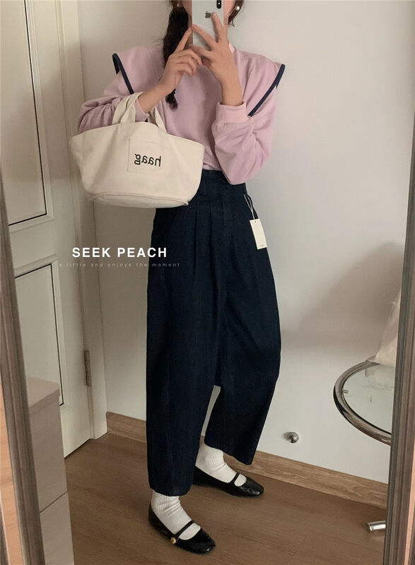 2023早春新款!【SEEK PEACH】高腰闊腿舒適百搭牛仔褲(只賣褲子)  P20095#  L