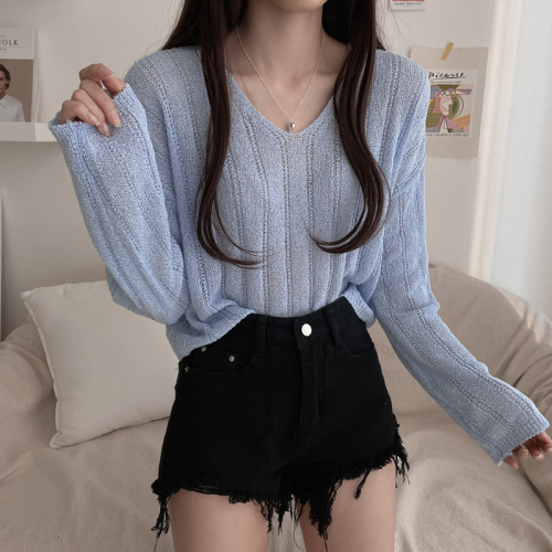 Spot real price Korean summer new solid color simple V-neck micro-permeable ice silk sunscreen sunshade knitted sweater women