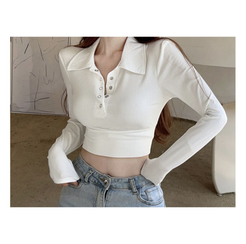 White polo collar long-sleeved T-shirt women's autumn new sexy waist slimming thin short top bottoming shirt
