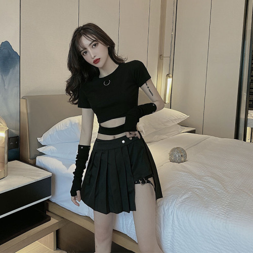 Real shooting summer new dark series super cool short sleeve T-shirt + high waist slim ring pleated short skirt two piece set