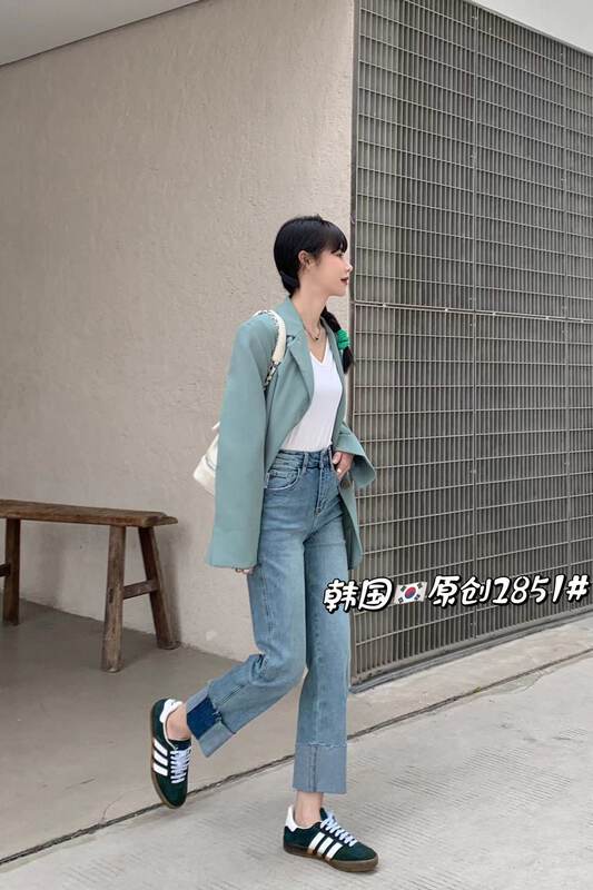 2023早春新款!【韓國原創】韓版洋氣翻邊設計直筒褲牛仔褲  2851#  FHX