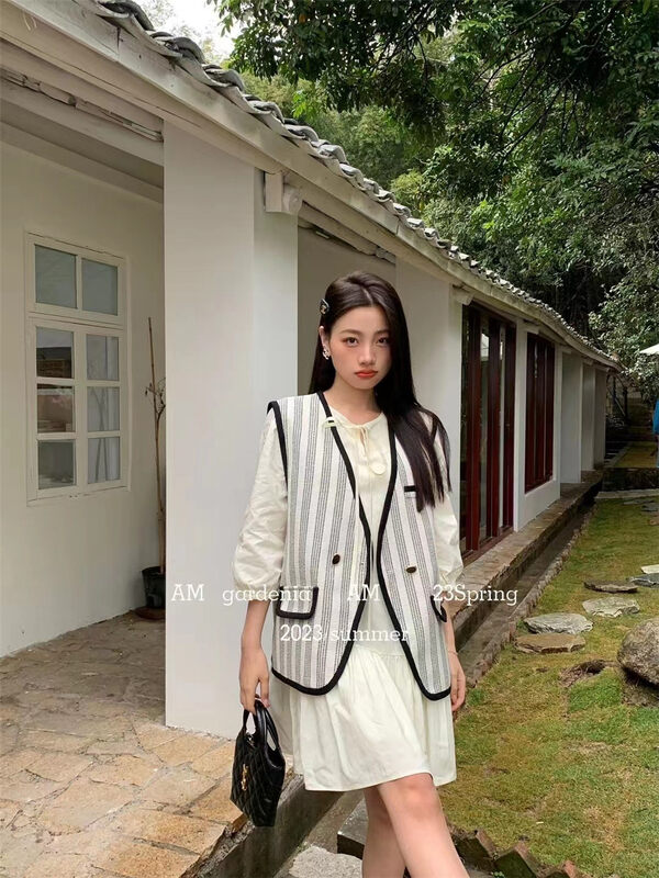 2023 early spring new! 【AM GARDENIA】Korean style vertical stripes vest + gentle dress suit 5530# ZXX