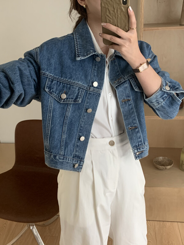 【ON LINE】Korea) Retro Hong Kong Style Lapel Single Breasted Washed Cropped Jacket Denim Jacket YS-6705