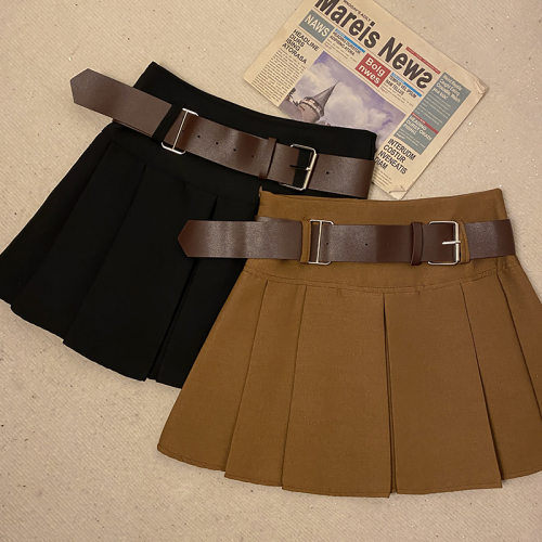 Real shot pleated skirt women's spring and summer new Korean version slim and versatile small high waist a-line umbrella skirt with belt