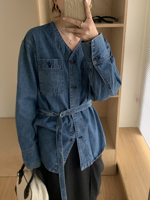 【ON LINE】Hanbiao) Retro Hong Kong style v-neck mid-length Korean style waist v-neck denim jacket (with waist rope) YS-6616# CLS