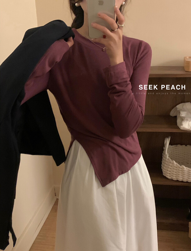 2023春款新款!【SEEK PEACH】簡約圓領淨色長袖T恤  5963#  L