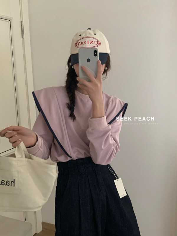 2023 spring new style!【SEEK PEACH】Korean style color contrast round neck sweater 5659# L