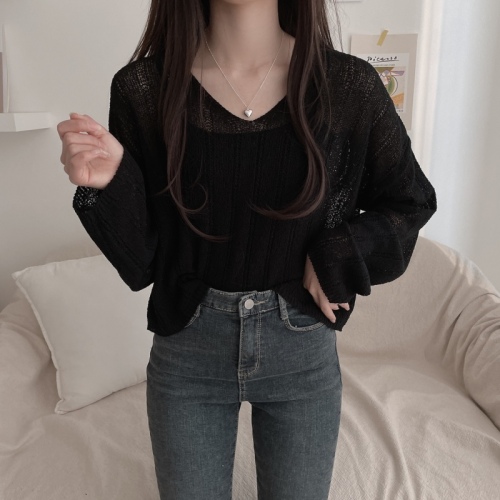 Spot real price Korean summer new solid color simple V-neck micro-permeable ice silk sunscreen sunshade knitted sweater women