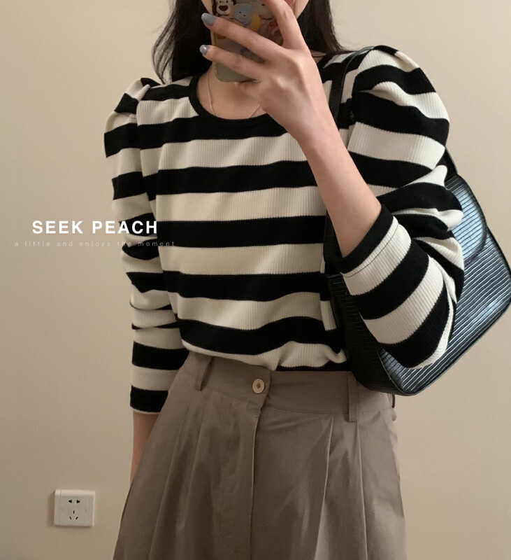 2023早春新款!【SEEK PEACH】圓領條紋舒適長袖T恤  5915#  L