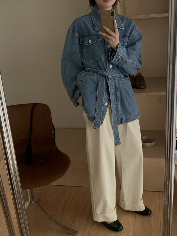 【ON LINE】Korea) Comfortable Design Washed Edged Denim Belted Denim Jacket (With Waist Rope) YS-22008# CLS