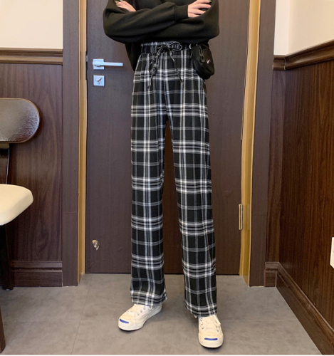 Real price real shot~2023 spring plaid wide-leg pants loose and thin all-match floor-mopping trousers student straight-leg pants women