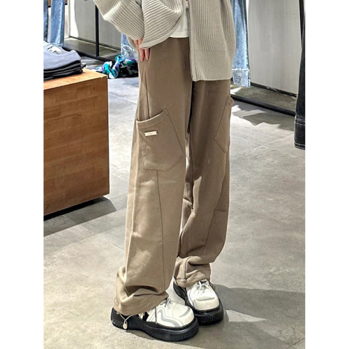 Early spring twill cotton khaki overalls women's high street design sense wide-leg loose-leg straight-leg pants