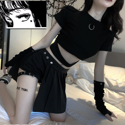 Real shooting summer new dark series super cool short sleeve T-shirt + high waist slim ring pleated short skirt two piece set