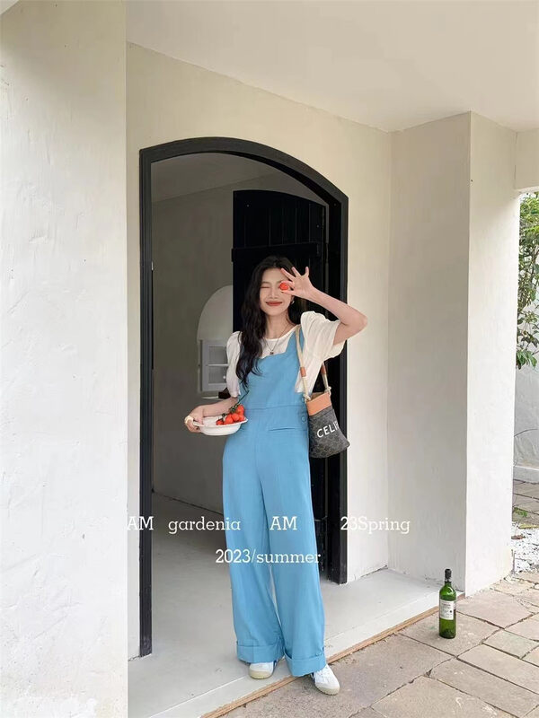 2023 early spring new! 【AM GARDENIA】Korean style sweet puff sleeve shirt + age-reducing bib suit 5528# ZXX
