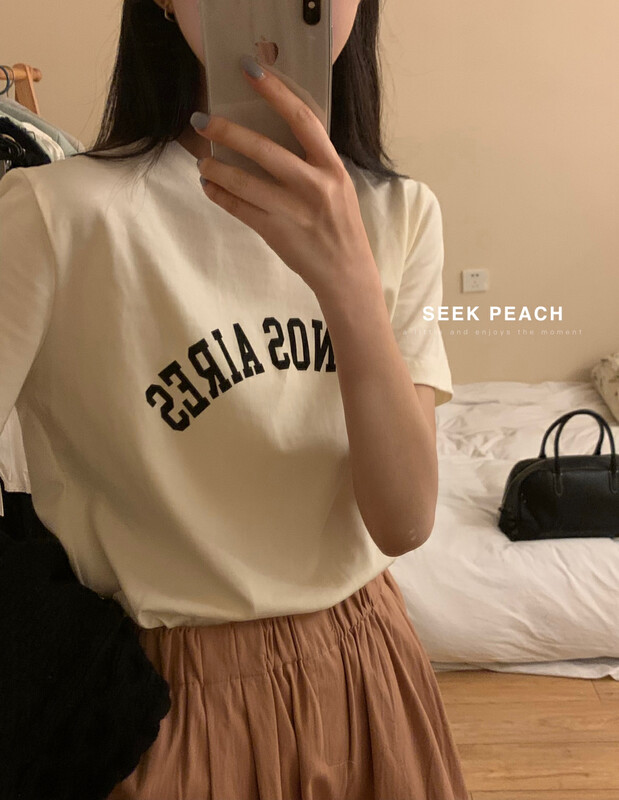 2023 early spring new! [SEEK PEACH] round neck letter print short-sleeved T-shirt 5921# L
