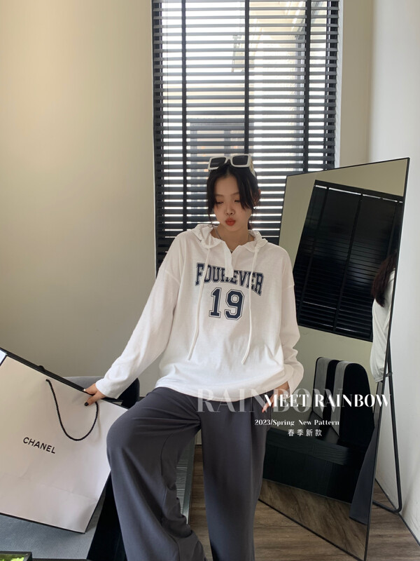 [RAINBOW] Hooded loose T-shirt long-sleeved T-shirt (letter print) 02161# FHX