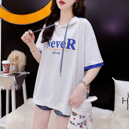 Official picture 65 pull frame  new loose mid-length short-sleeved stitching hooded T-shirt women