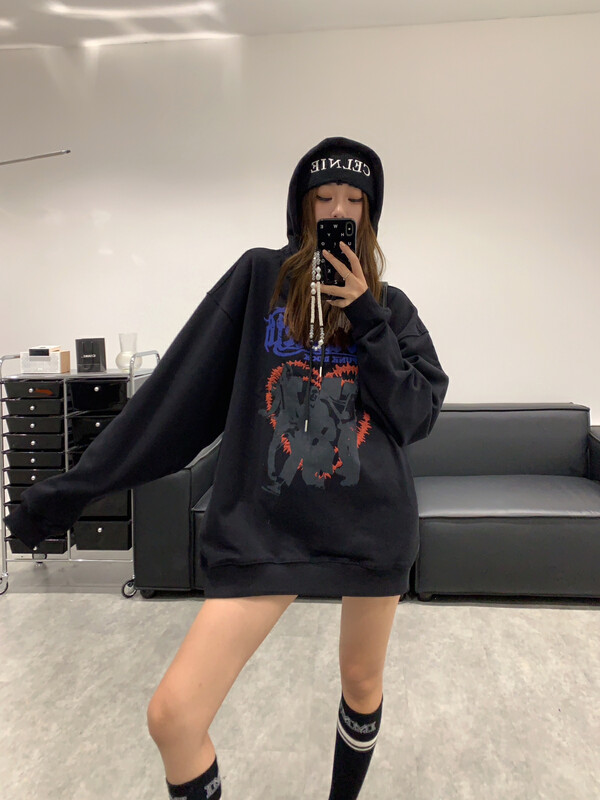 【VANESSA】美式復古立體發泡印花中長款連帽衛衣  627#  OZQ