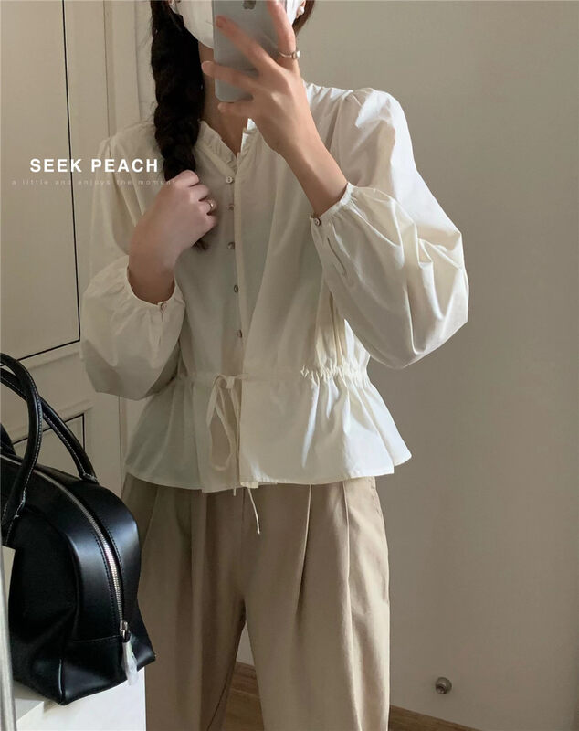 2023早春新款!【SEEK PEACH】V領單排扣純色收腰襯衫  5932#  L