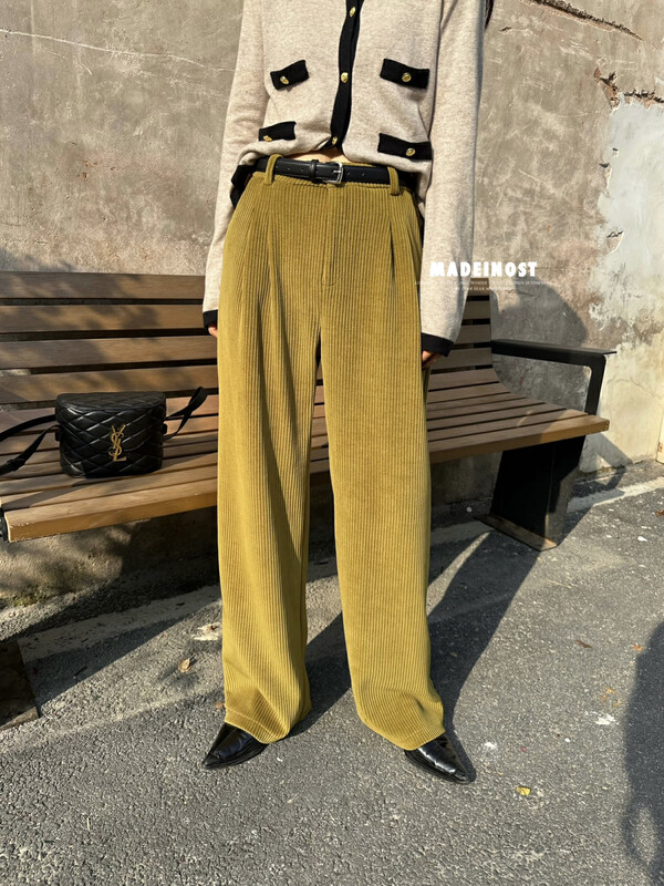 【歐莎MADEINOST】冬季新款復古燈芯絨闊腿腰帶西褲休閒褲(配腰帶)  87522#  FHX